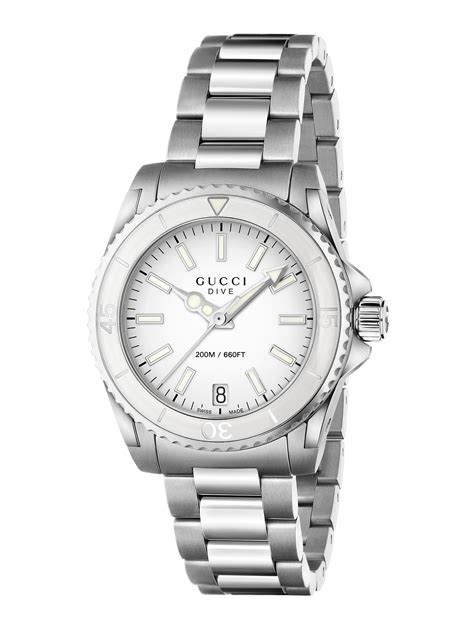 gucci womens dive stainless steel bracelet watch silver white